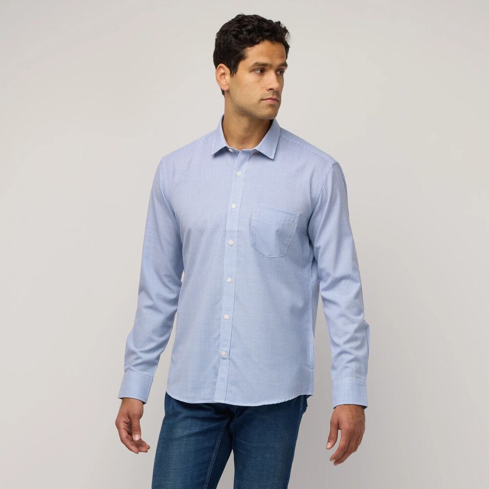 Wool & Prince Shirt Size L Blue White Spread Collared Curved Slim Button-Up